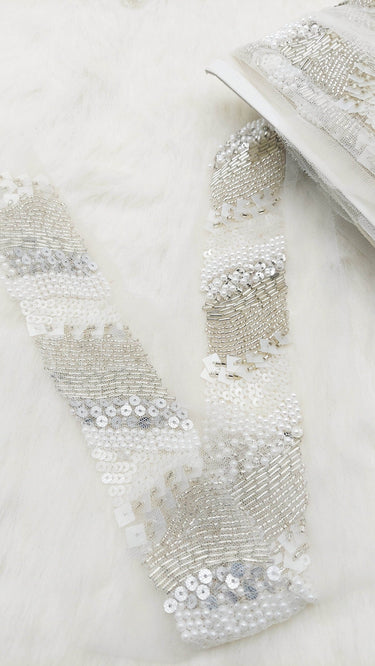 Hand Embroidered White Net Lace With White Sequins and Beads and Pearls, Exclusive Laces, Sequinned Trimming